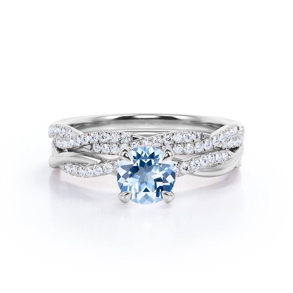 1.40 Carat Round Cut Aquamarine And Diamond Twisted Wedding Ring Set In White Gold