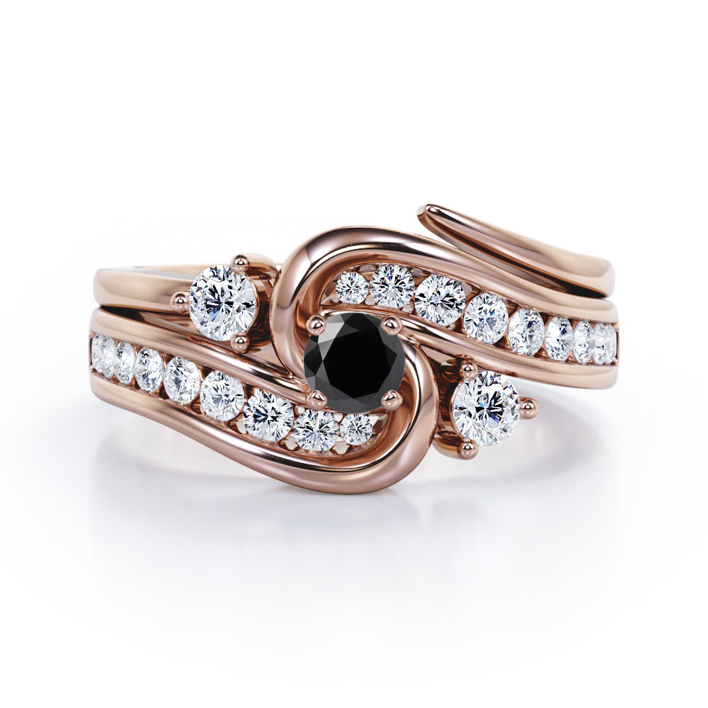 Twisted Tension - Prong 1 TCW Round Brilliant Cut Black Diamond - Flush Channel Wedding Set in White Gold