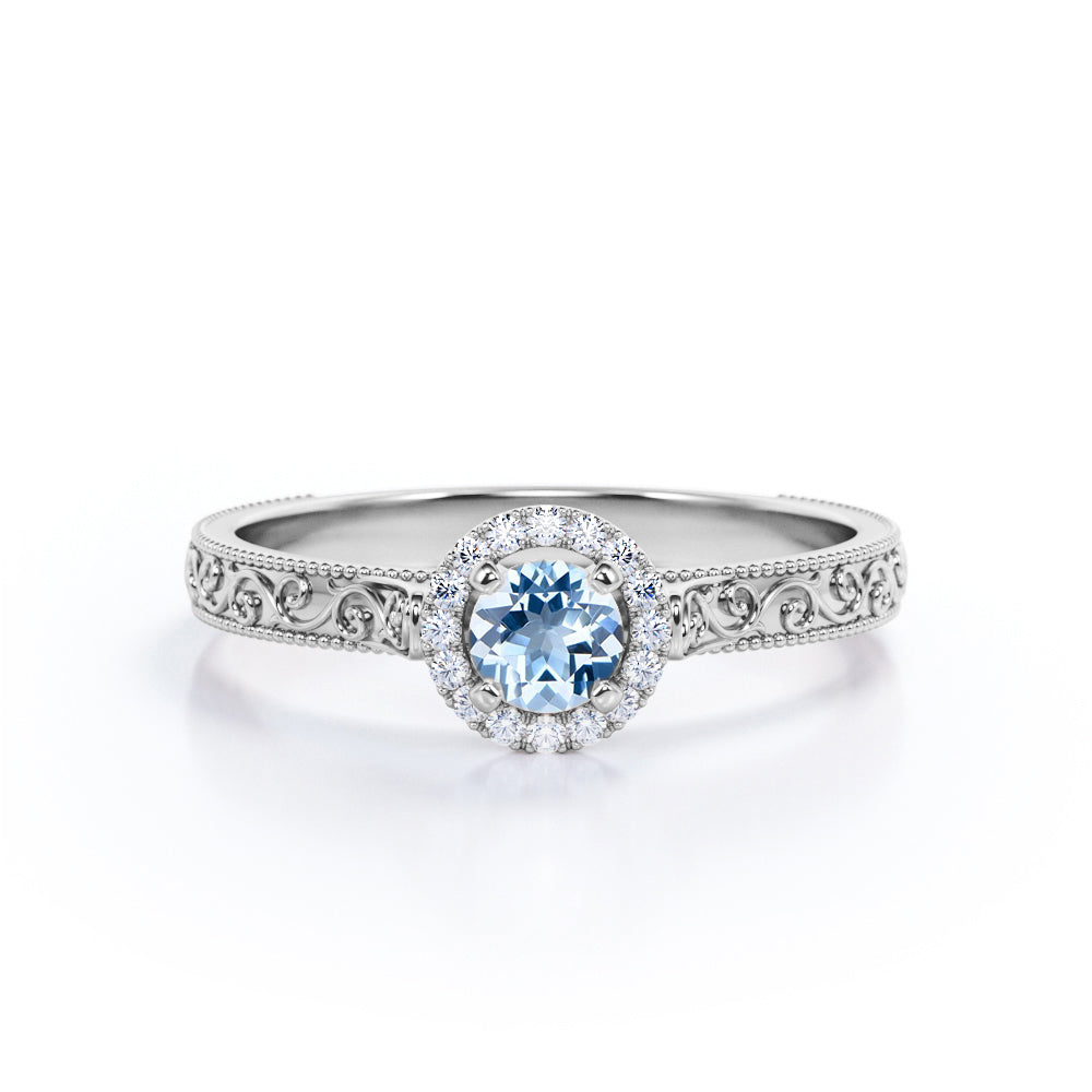 Vintage 1.10 Carat Round Cut Aquamarine And Diamond Art Deco Engagement Ring In White Gold