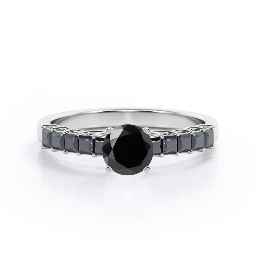 Shared Prong - 1.35 TCW Round Brilliant Cut Lab Created Black Diamond - Milgrain Bezel Engagement Ring in White Gold