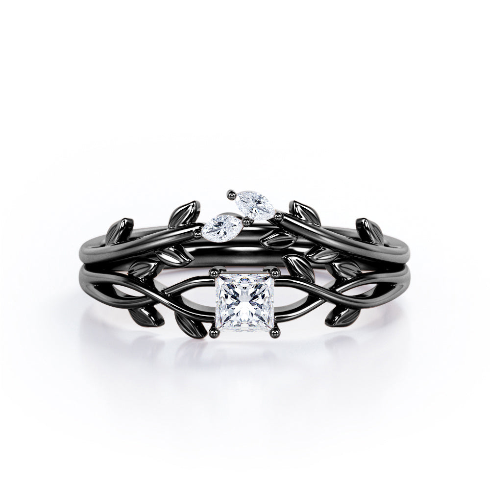 Nature-Inspired 0.35 TCW Princess Cut Diamond Branch Leaves Bridal Ring Set in White Gold