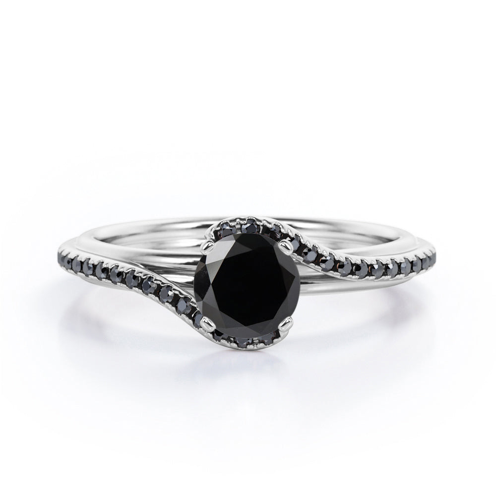 Overlay Double Banded - 1.25 TCW Round Cut Lab Created Black Diamond - Tension Pave Engagement Ring in White Gold