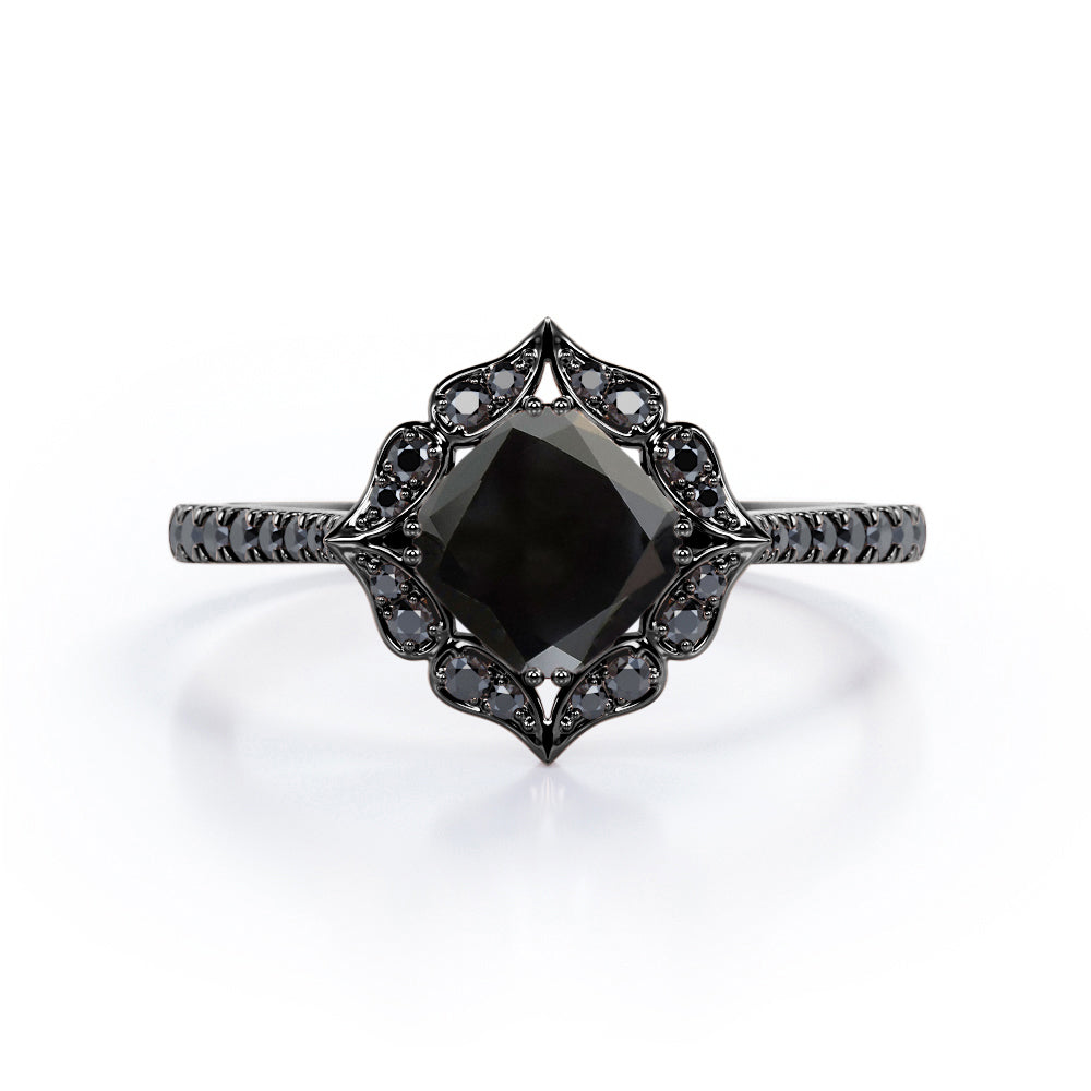 Vintage Filigree Cluster 1.5 TCW Cushion Cut Lab Created Black Diamond Engagement Ring with Pave Accents in White Gold