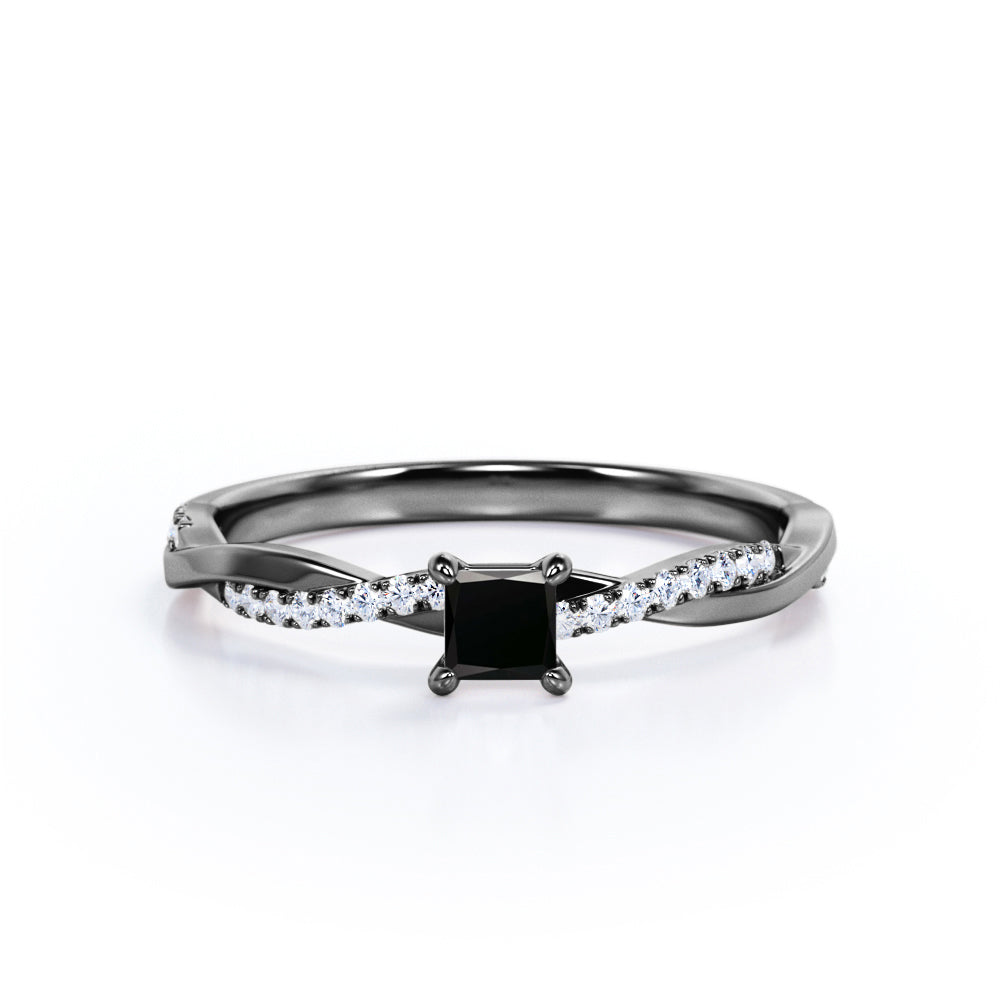 1.15 Carat Princess Cut Lab Grown Black Diamond Twisted Engagement Ring In White Gold