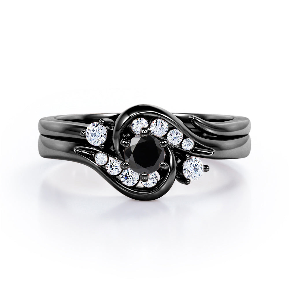 6 Prong Tension Design - 0.55 TCW Round Shaped Black Diamond - Flush Chanel Wedding Ring Set - White Gold