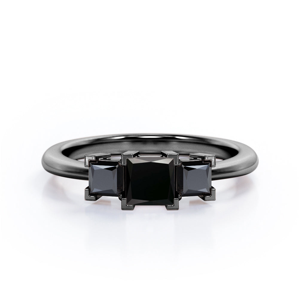 Minimalist Square V-Prong - 1.2 TCW Princess Cut Lab Created Black Diamond - Three-Stone Engagement Ring in White Gold