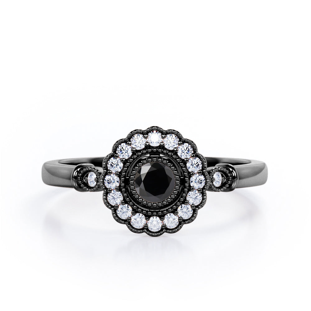 Milgrain Flower Halo 1.2 carat Carat Round Brilliant Cut Black Diamond Trilogy Bezel Engagement Ring in White Gold