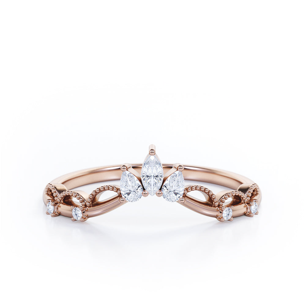 Princess Crown Design 0.20 TCW Marquise-Teardrop-Round Moissanite Milgrain Curved Wedding Band in Rose Gold