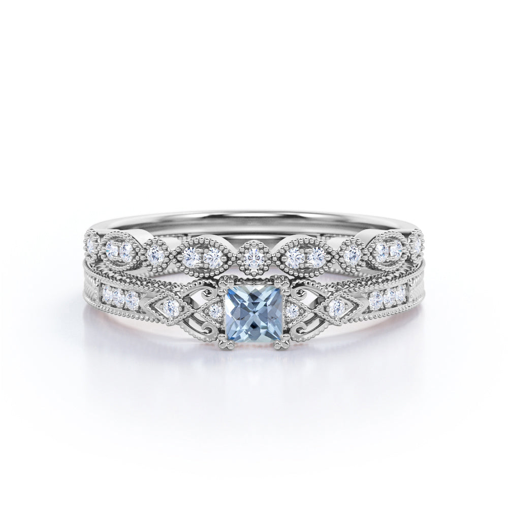 1.15 Carat Princess Cut Aquamarine And Diamond Vintage Milgrain Wedding Ring Set In White Gold