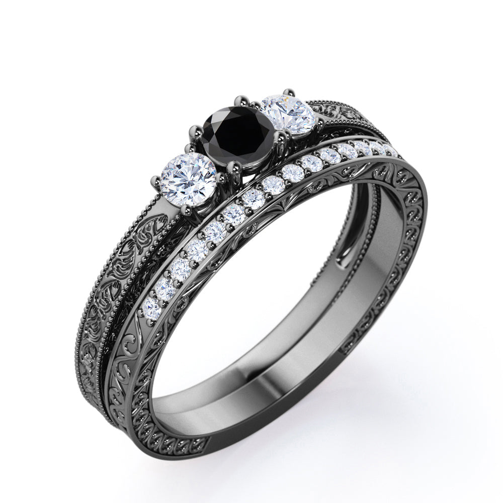 1.25 carat round cut  Black Diamond three stone wedding ring set in white gold