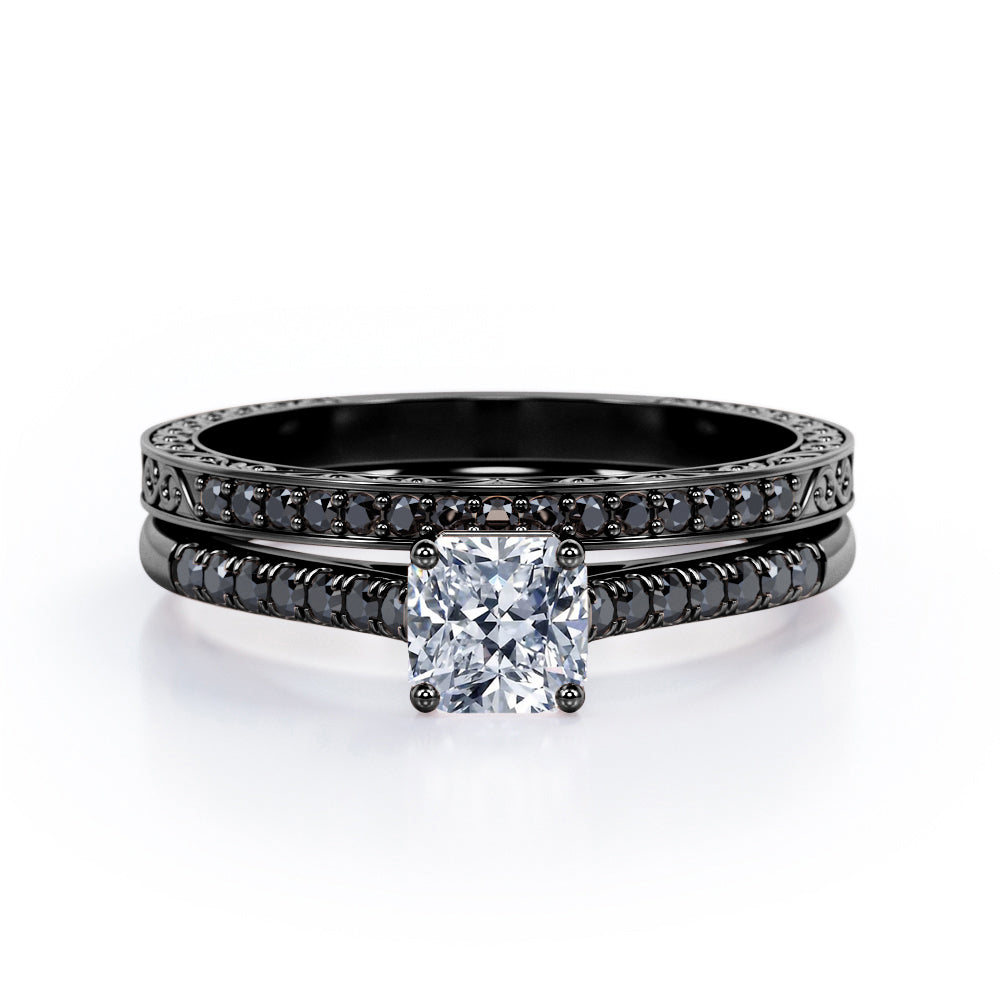 Lattice 0.5 TCW Princess Cut Diamond with Lab Created Black Diamond 4-Prong Pave Bridal Set in 10K White Gold