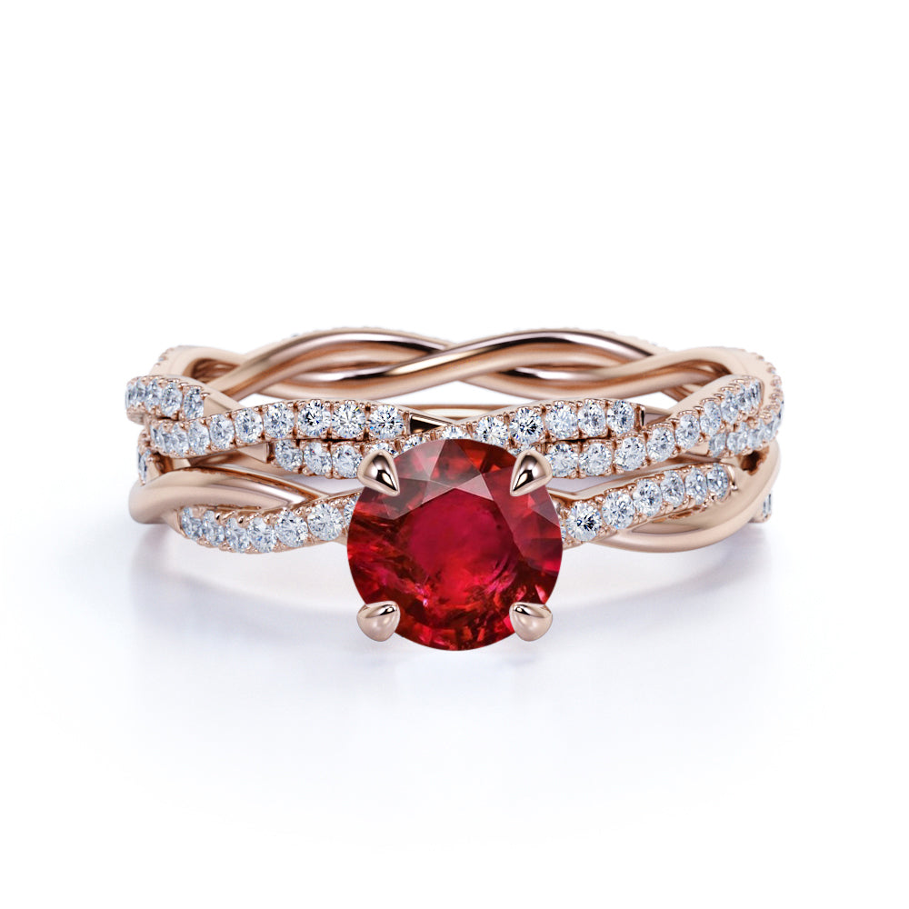 Antique Infinity 1.30 carat Round Cut Lab-Created Ruby and Diamond Twisted Bridal ring set in White Gold