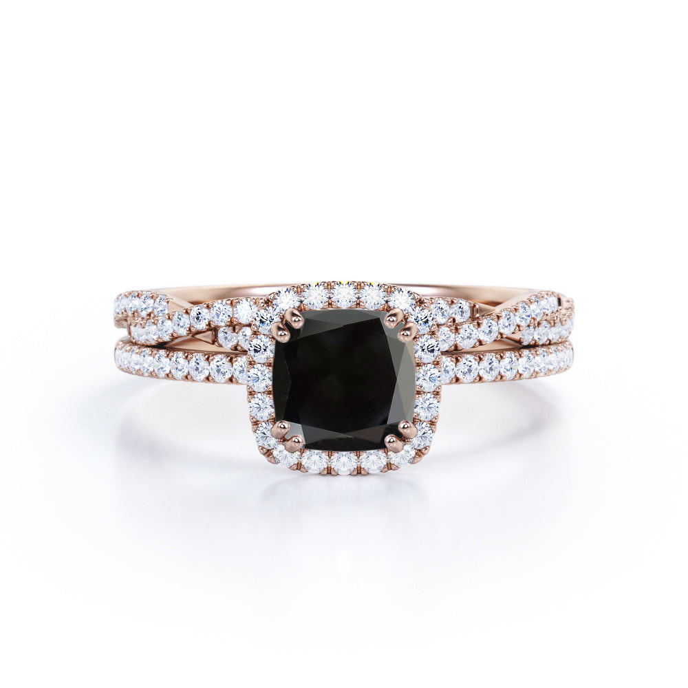 2 carat cushion cut Black Diamond halo bridal set in white gold