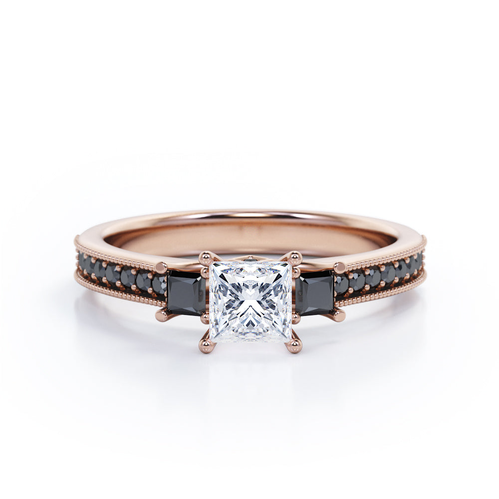 Trilogy Cathedral Prong - 0.5 TCW Princess Cut Diamond with Lab Created Black Diamond - Milgrain Pave Channel Engagement Ring - 10K White Gold