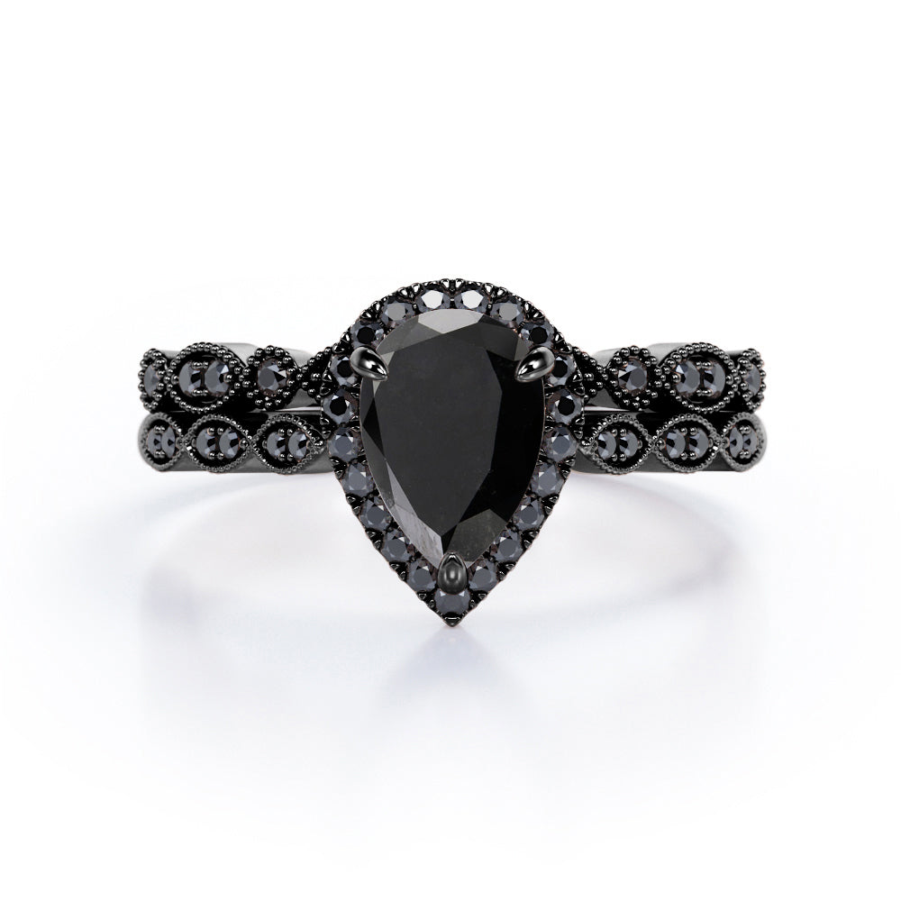 Vintage Style - 1.65 TCW Teardrop Lab Created Black Diamond - Milgrain Halo Bridal Set in White Gold