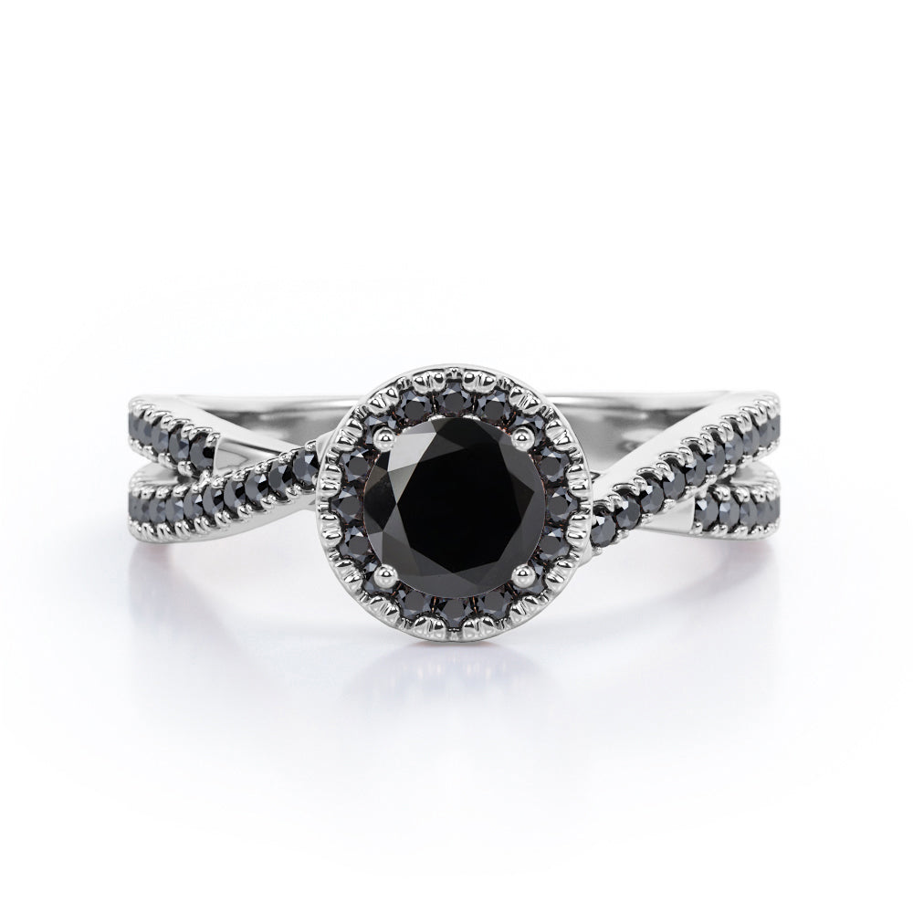 Milgrain Halo - 1.4 TCW Round Cut Lab Created Black Diamond - Infinity Double Strand Engagement Ring in White Gold