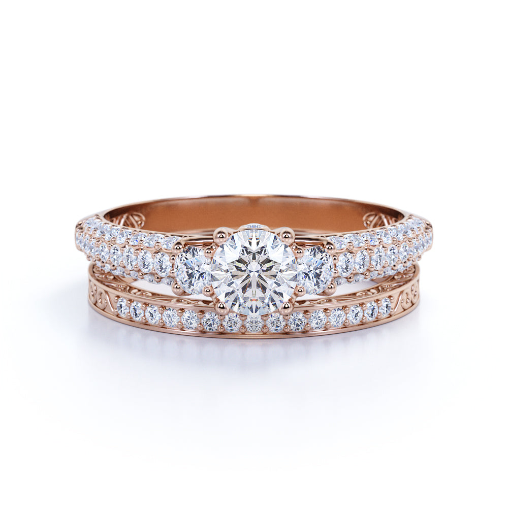 1.25 ct - Round Real 3 Stone Diamond - Past Present Future Ring - Victorian - Vintage Wedding Ring Set - 10K Rose Gold