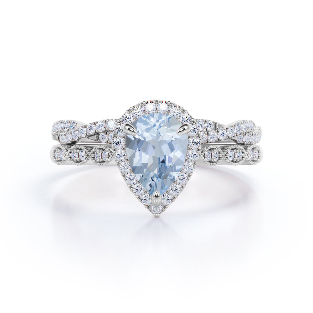 1.65 Carat Pear Cut Aquamarine And Diamond Art Deco Wedding Ring Set In White Gold