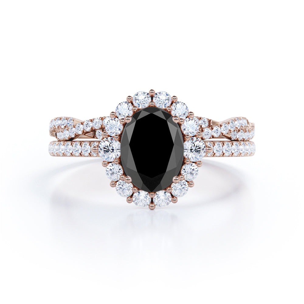 2 carat oval cut Black Diamond halo bridal set in white gold