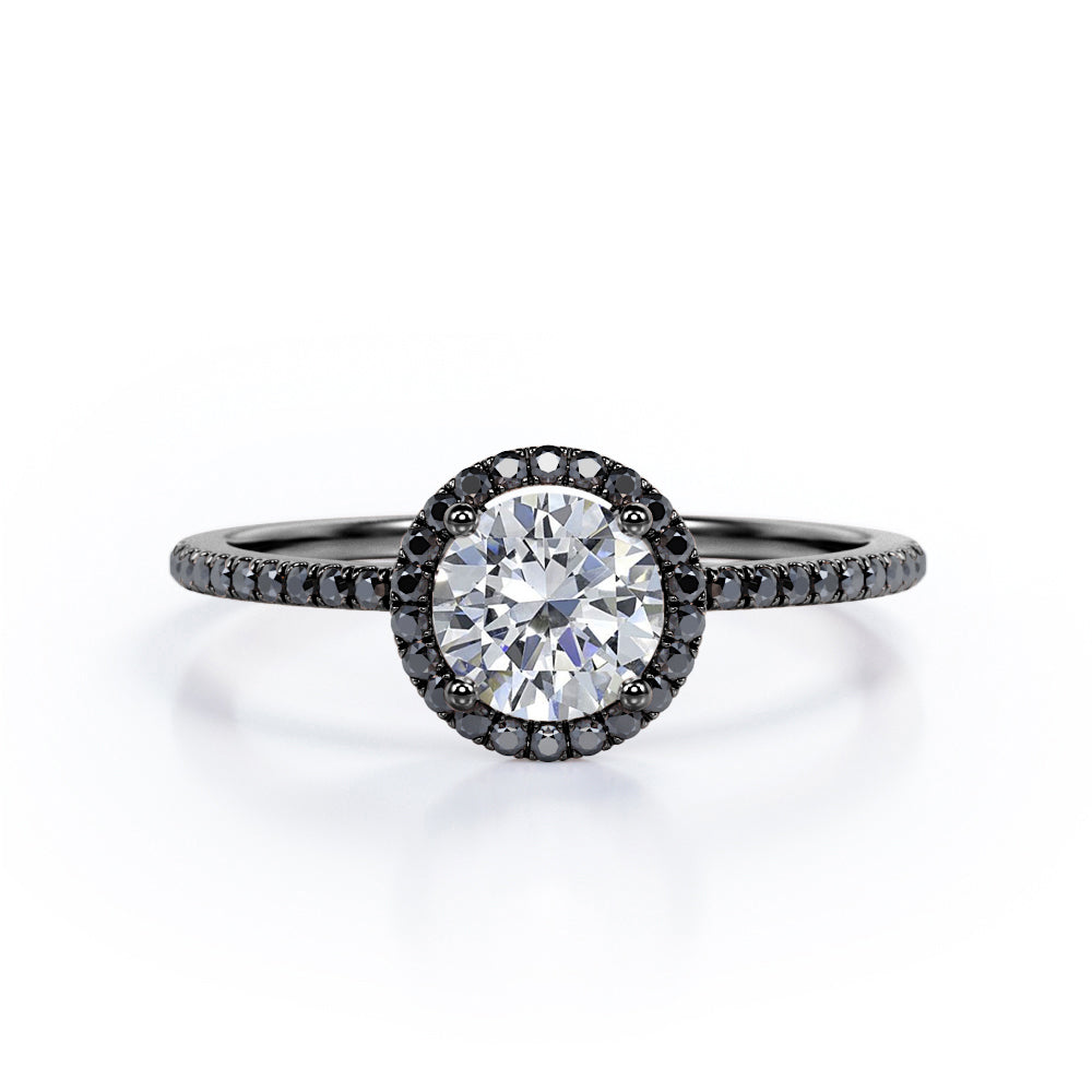 4-Prong Halo 1.5 TCW Round Shape Moissanite with Lab Created Black Diamond Pave-Style Engagement Ring in White Gold