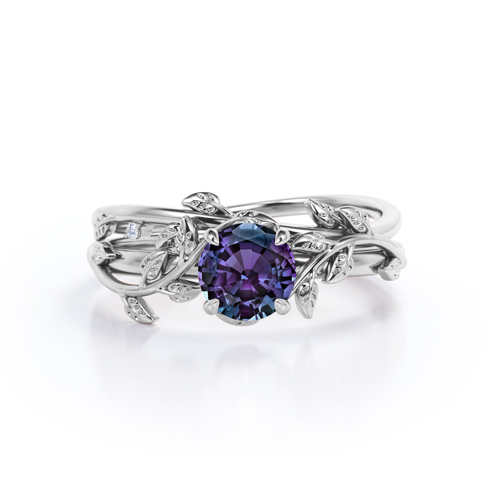 0.50 Carat - Round Cut Lab Created Alexandrite Ring Set - Leaf & Vine Wedding Ring Set - 18K Black Gold Plating Over Silver