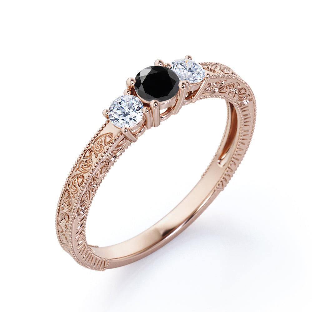 1 carat round cut Black Diamond three stone engagement ring in white gold