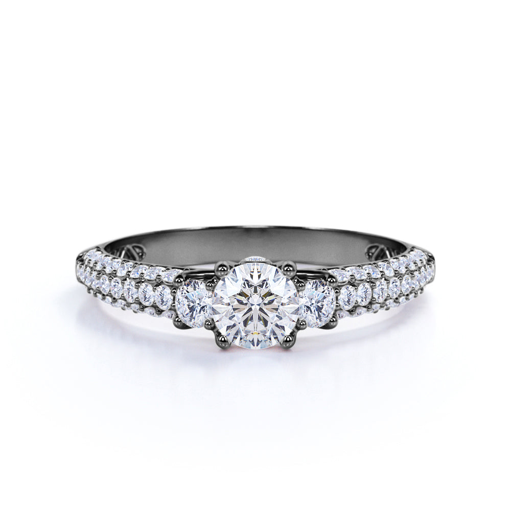 Stunning 1 Carat - Round Real 3 Stone Diamond Ring - Vintage Style - Micro Pave - Engagement Ring - 10K White Gold