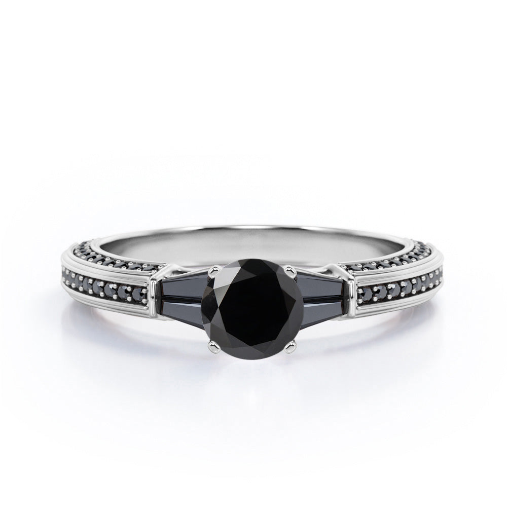 Triple Pave Channel - 1.35 TCW Round Shaped Lab Created Black Diamond - 5 Stone Engagement Ring in White Gold