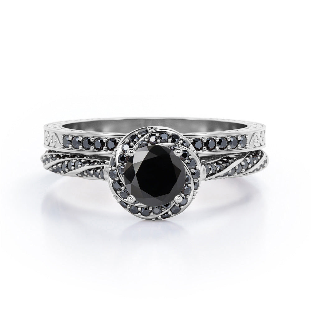 Art Deco Twisted Halo 1.55 TCW Round Shape Lab Created Black Diamond Twirl Pave Bridal Ring Set in White Gold