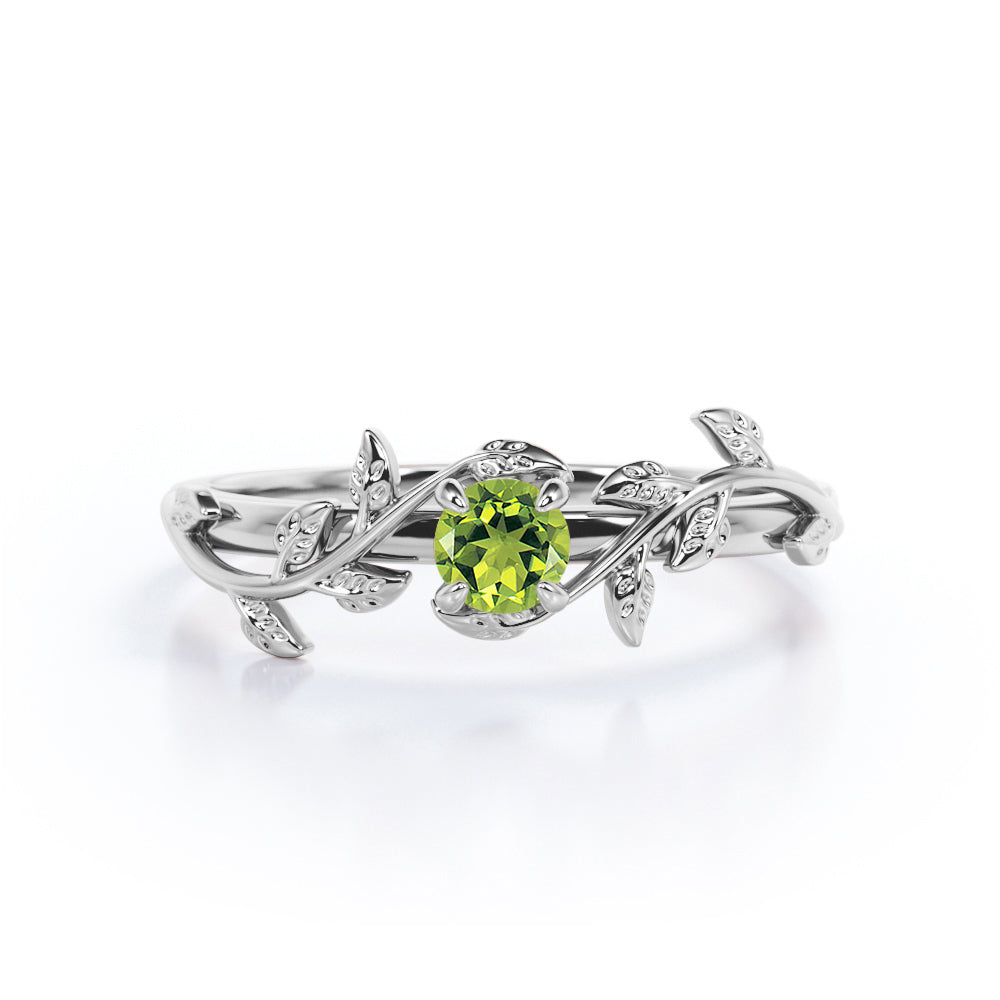 Tree Leaves - 0.50 Carat Round Cut Genuine Peridot - Solitaire Engagement Ring - 18K White Gold Plating over Silver