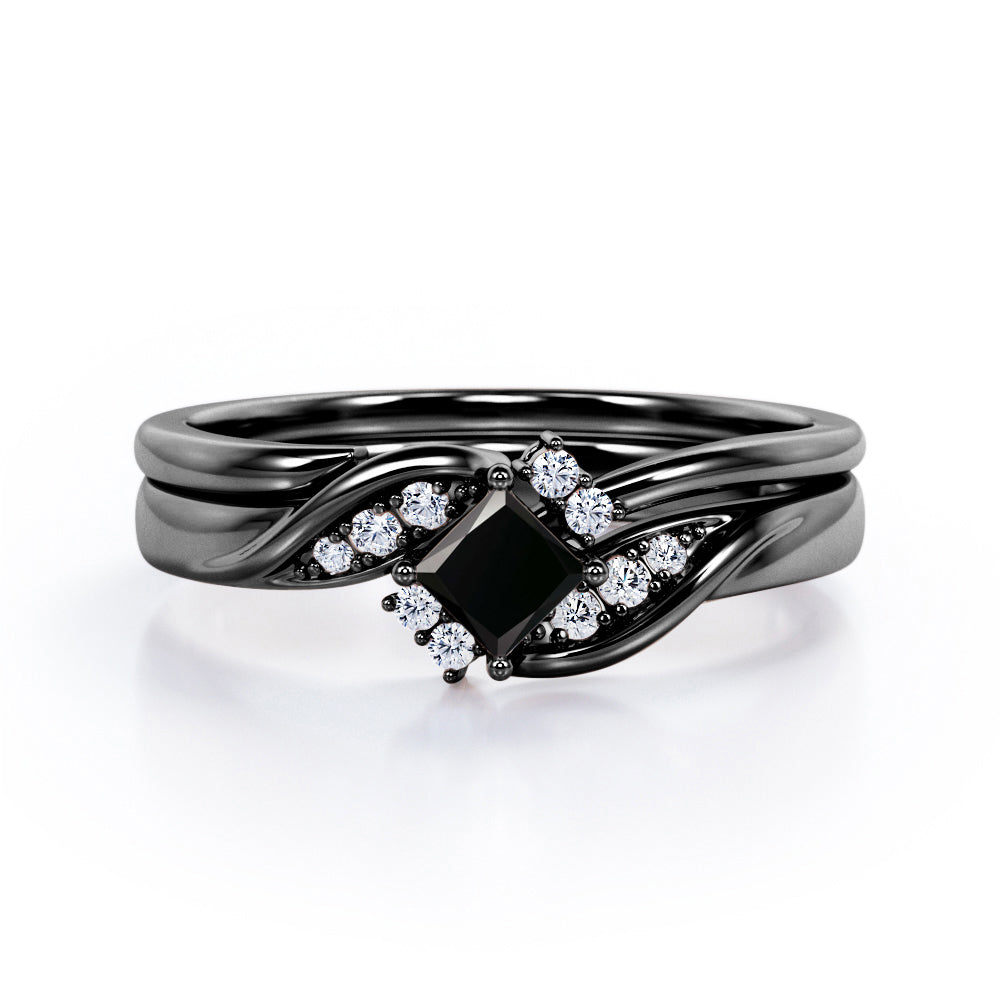 Petite Pave-Channel - 0.55 TCW Rhombus Princess Cut Black Diamond - Prong Tensioned Wedding Ring Set -  White Gold