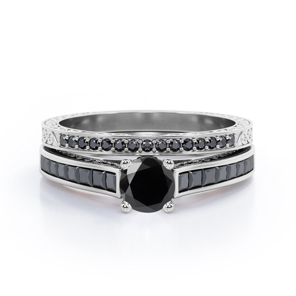 Art Deco Cathedral 1.55 TCW Round Shape Lab Created Black Diamond Pave and Channel Wedding Set in White Gold