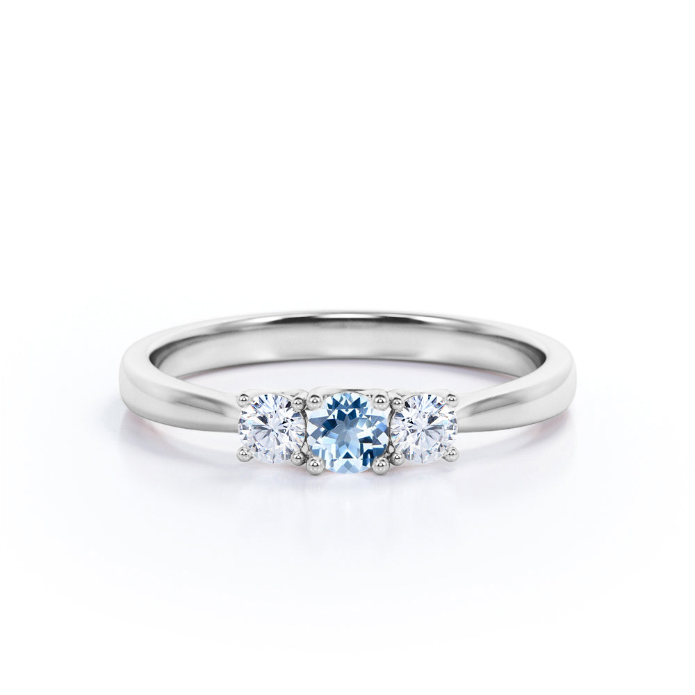 Past, Present, Future 1 Carat Round Cut Aquamarine And Diamond Three Stone Engagement Ring In White Gold