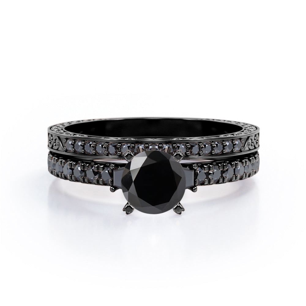 Art Deco Milgrain-Pronged 1.45 TCW Round Brilliant Cut Lab Created Black Diamond Pave Bridal Ring Set in White Gold