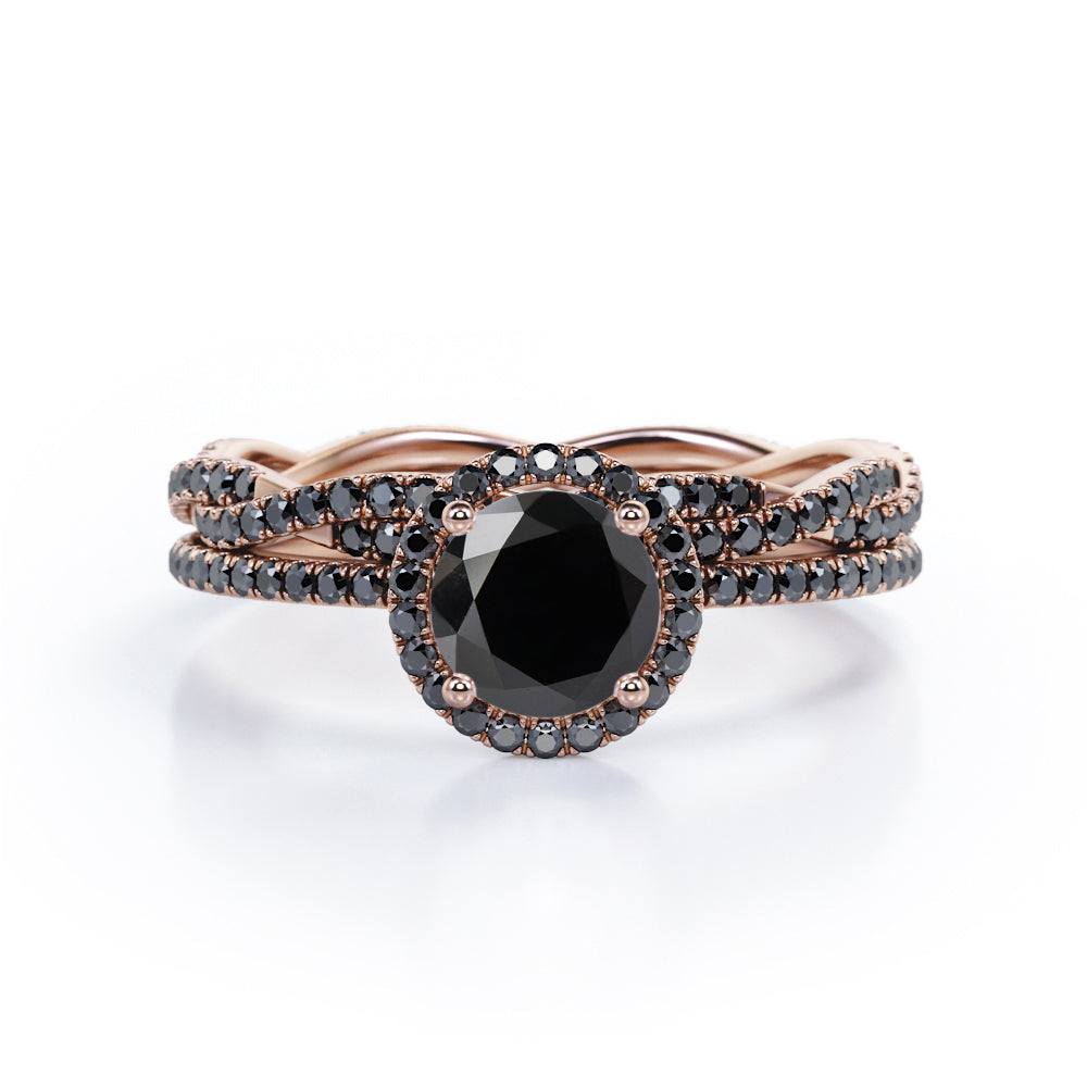 Pave Twisted Eternity 1.75 TCW Round Brilliant Cut Lab Created Black Diamond Halo-Style Wedding Ring Set in White Gold