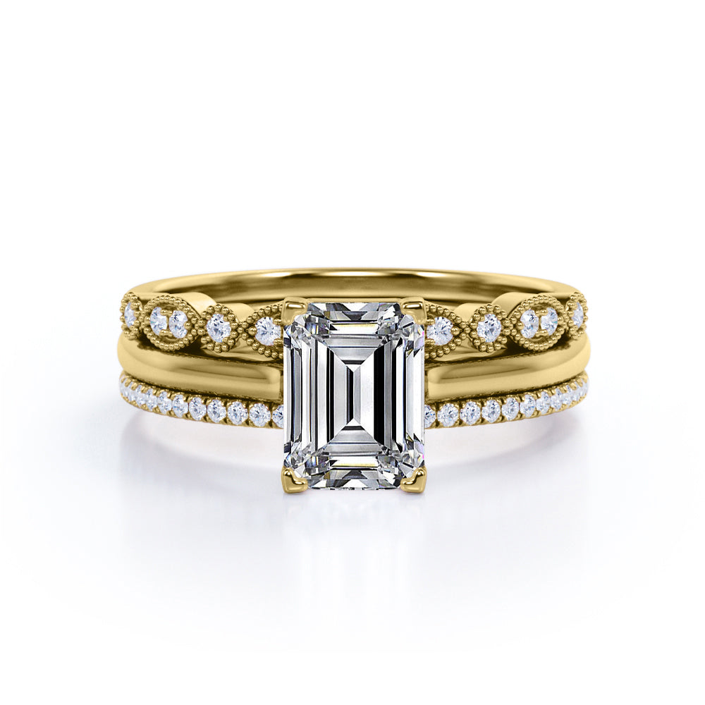 Art Deco Filigree Milgrain - 2 Carat Cubic Zirconia Emerald Cut - 4 Prong Pave Setting - Solitaire Engagement Ring - Trio Wedding Set - 18K White Gold Plating over Silver