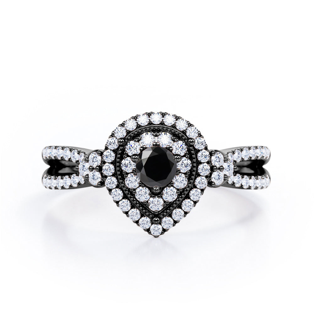 Pear-Shaped Double Halo - 1.7 Carat Round Cut Black Diamond - Pave Split Shank Engagement Ring in White Gold