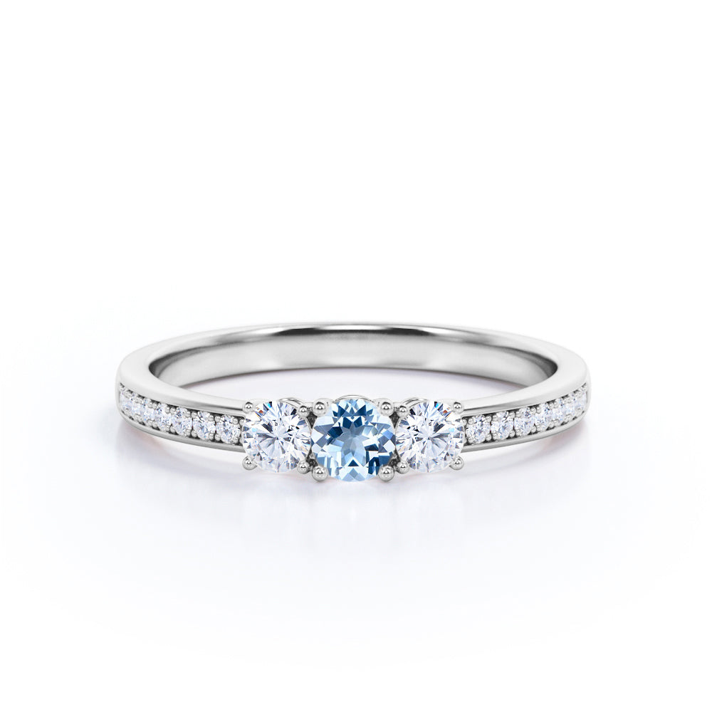 1.10 Carat Round Cut Aquamarine And Diamond Pave Engagement Ring in White Gold