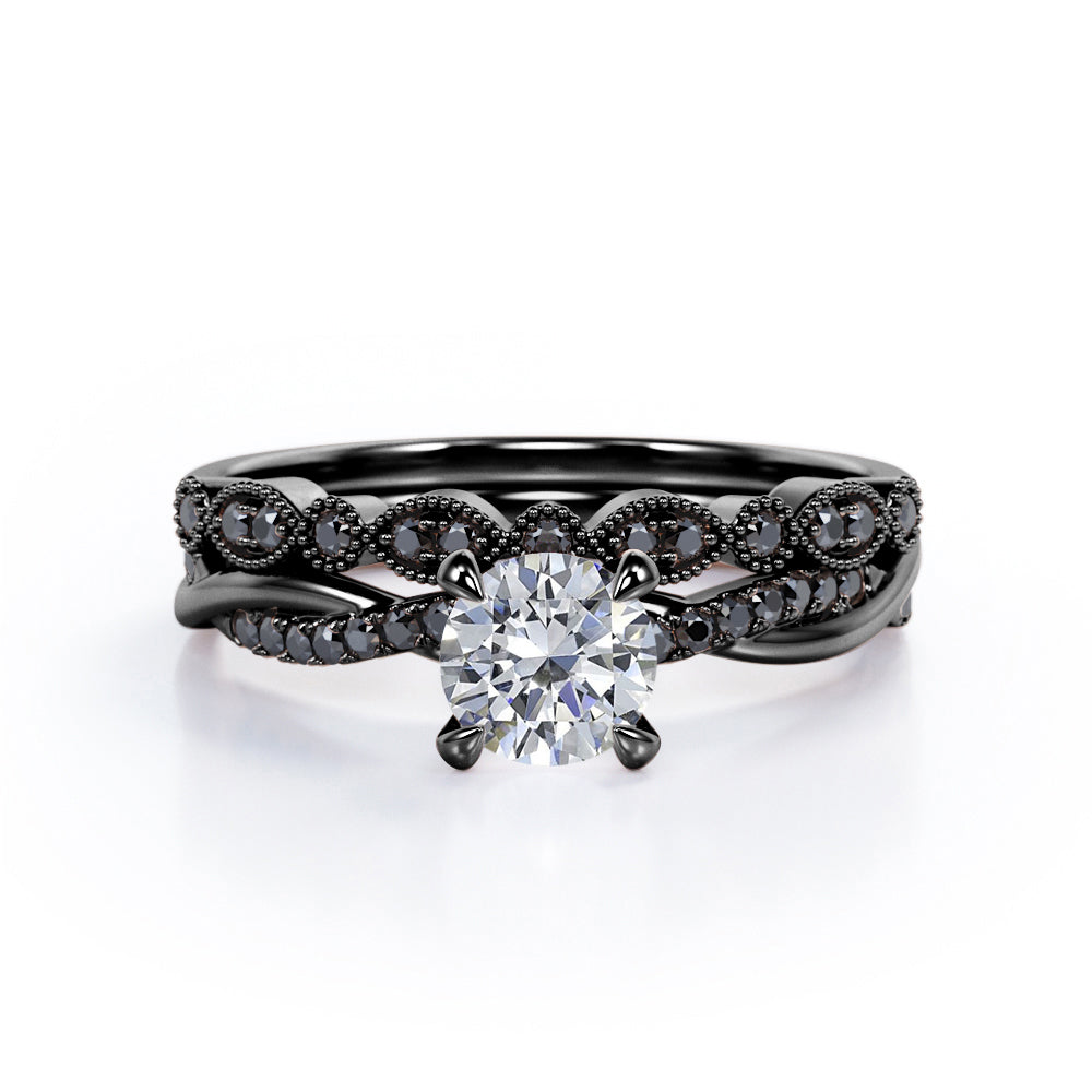 Milgrain Filigree Decorated 1.6 TCW Round Shaped Moissanite with Lab Created Black Diamond Twisted Pave Wedding Set in White Gold