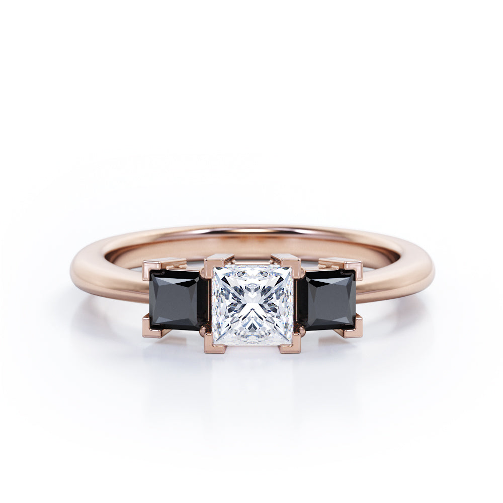 Minimalist Square V-Prong - 1.2 TCW Princess Cut Moissanite with Lab Created Black Diamond - Three-Stone Engagement Ring in Rose Gold