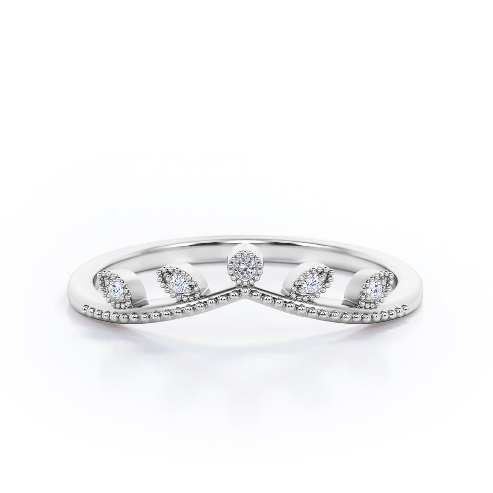 Milgrain Edged Band and Bezel - 0.10 TCW Round Cut Moissanite - V Curved Wedding Band - White Gold