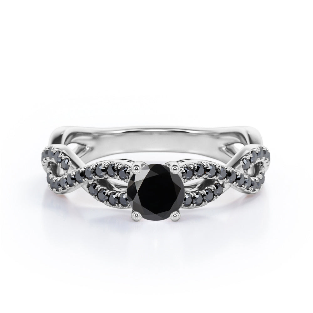 Twisted Pave Setting 1.65 TCW Round Brilliant Cut Lab Created Black Diamond 4-Prong Engagement Ring in White Gold