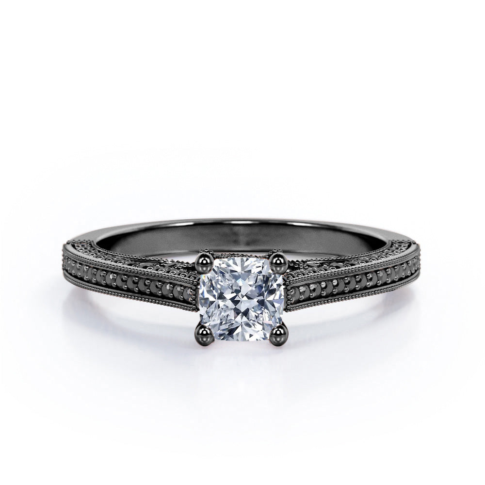 Three Sided Pave - 0.6 TCW Princess Cut Diamond with Lab Created Black Diamond - Milgrain Decorated Engagement Ring - 10K White Gold