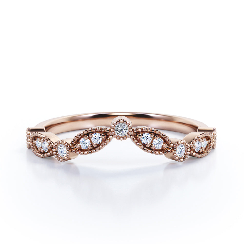 Milgrain Filigree Bezel - 0.15 TCW Round Shaped Moissanite - Art Deco Curved Wedding Band - Rose Gold