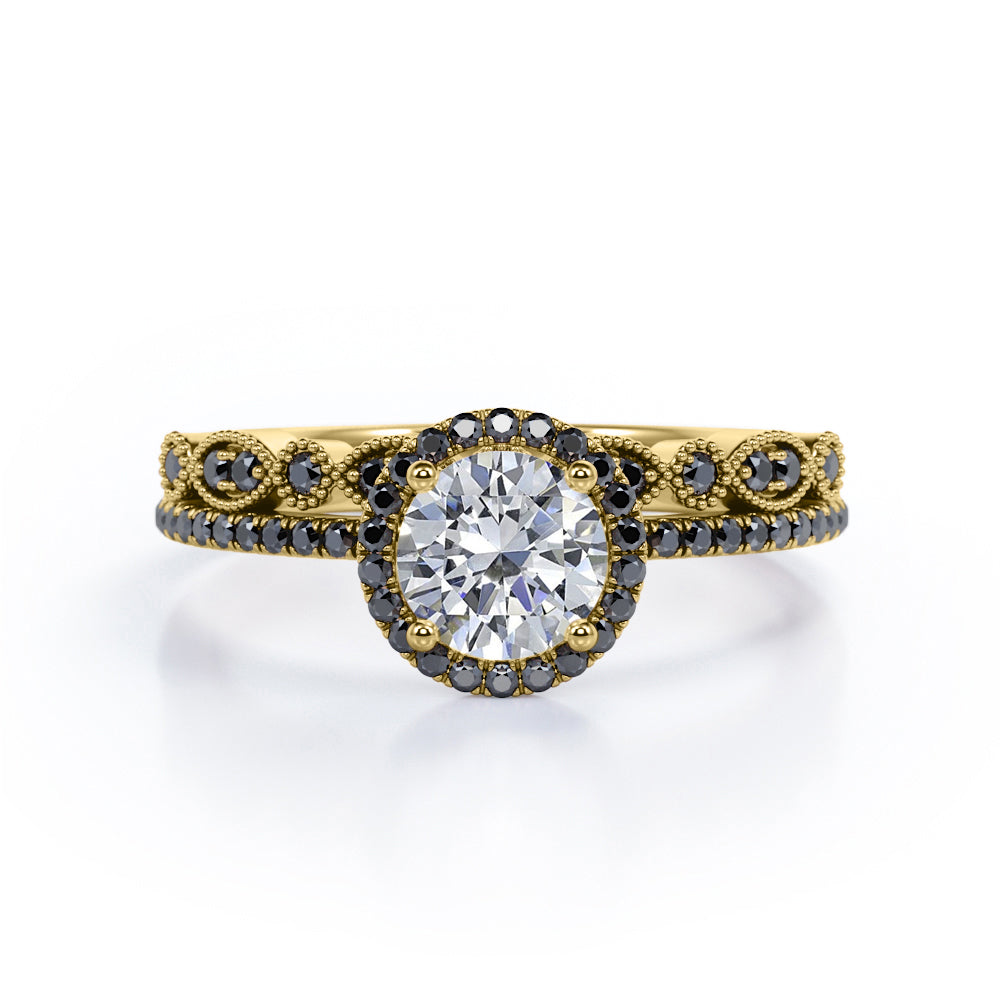 Art Deco Pave Setting - 1.65 TCW Round Cut Moissanite with Lab Created Black Diamond - Halo Design Bridal Set in Yellow Gold