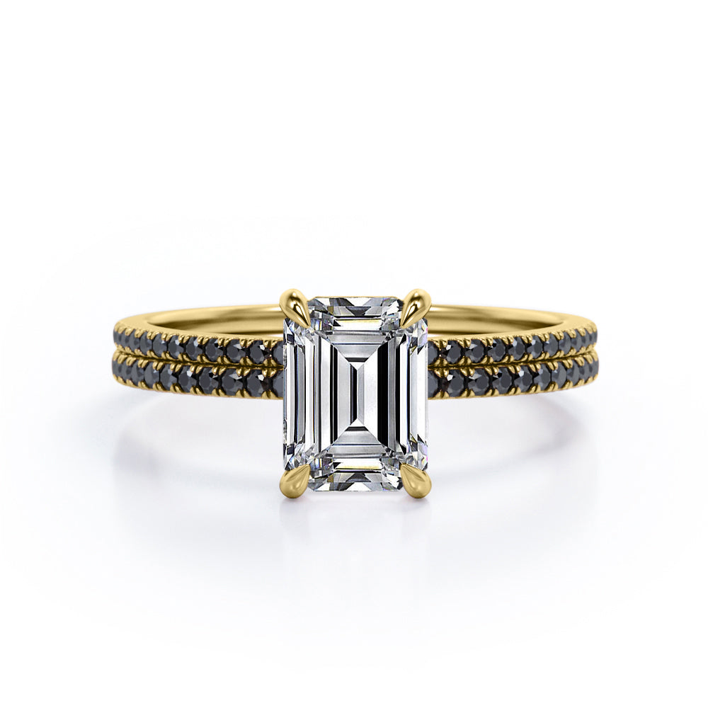 4-Prong Setting 1.65 TCW Emerald Cut Moissanite with Lab Created Black Diamond Wedding Set with Pave Accents in White Gold