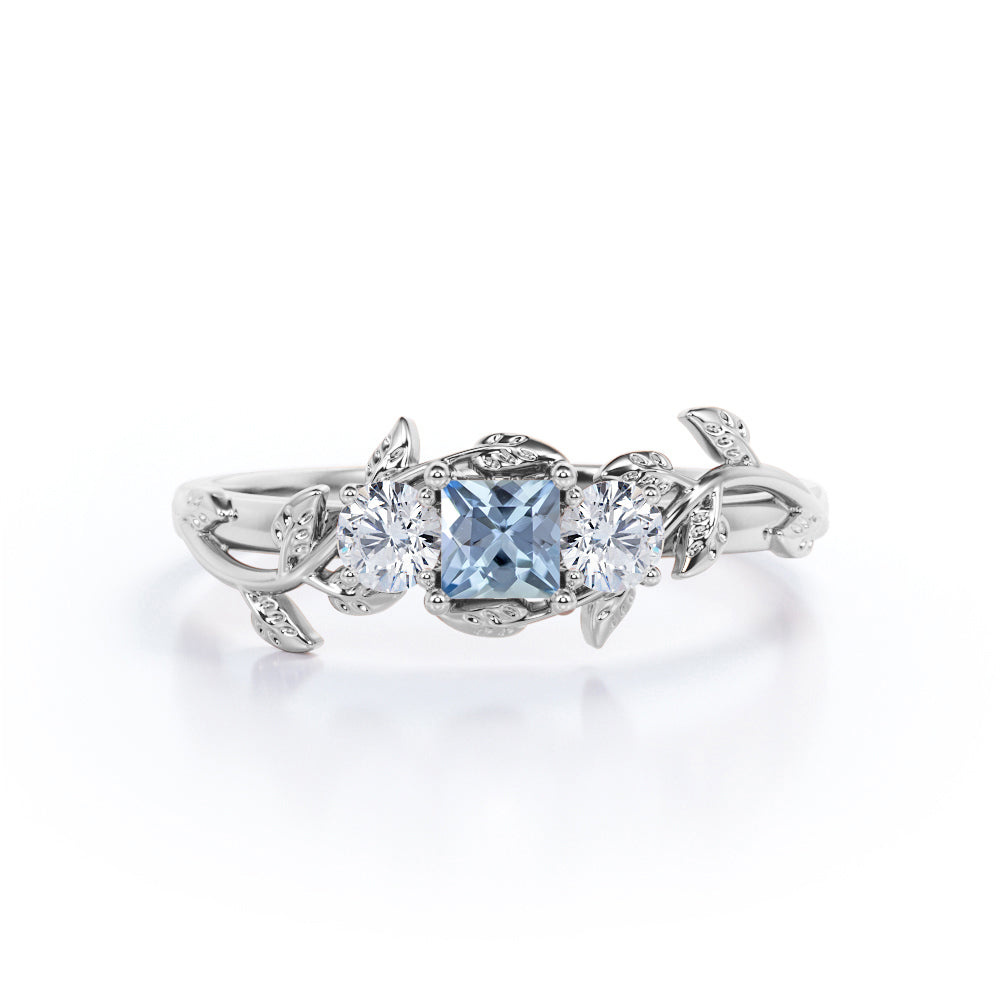 1 Carat Princess Cut Aquamarine And Diamond Leaf Art Deco Engagement Ring In White Gold