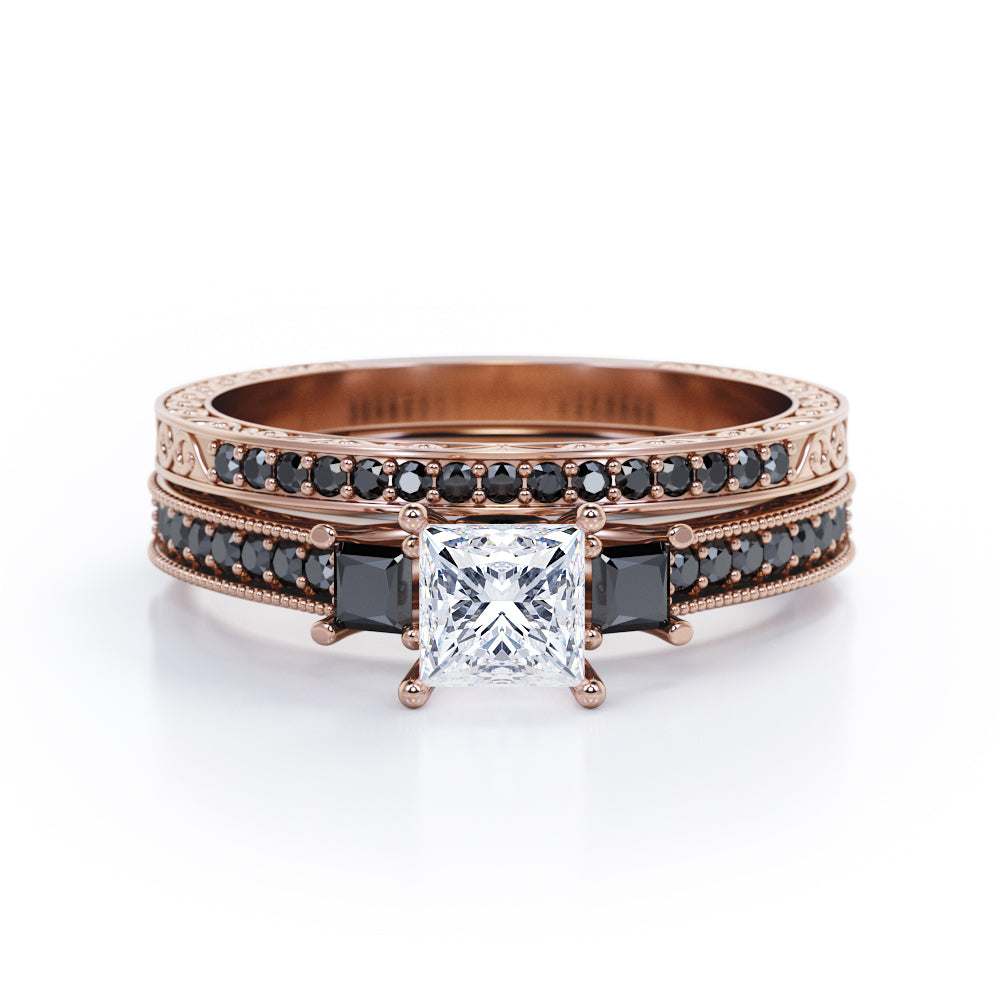 Art Deco 3-Stone 1.65 TCW Princess Cut Moissanite with Lab Created Black Diamond Cathedral Pave-Channel Wedding Ring Set in Rose Gold