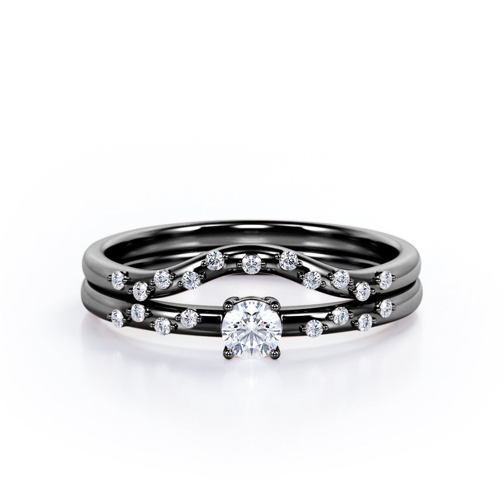 2-Prong Flush - 0.4 TCW Round Brilliant Cut Diamond - Curved Minimalist Wedding Ring Set in White Gold