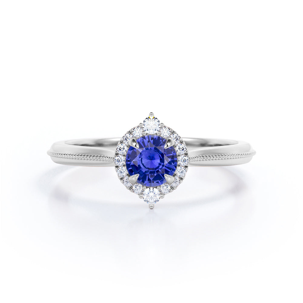 Petite Milgrain 0.70 carat Round Cut Lab-Created Sapphire and Diamond Halo Engagement ring in Rose Gold